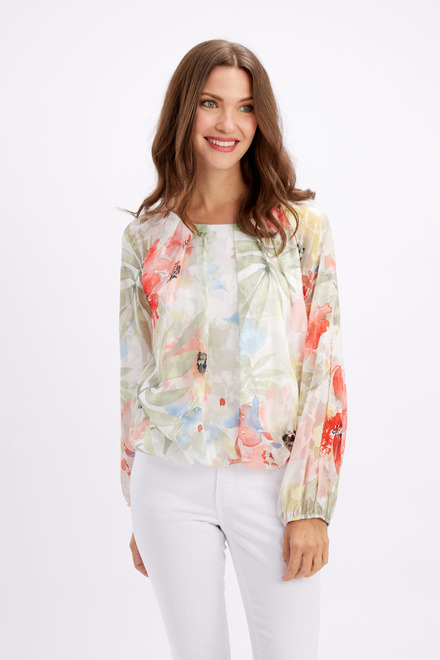 Pleated Floral Print Blouse Style 246163. White/orange