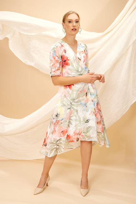 Floral & Palm Print Wrap Dress Style 246164. White/orange