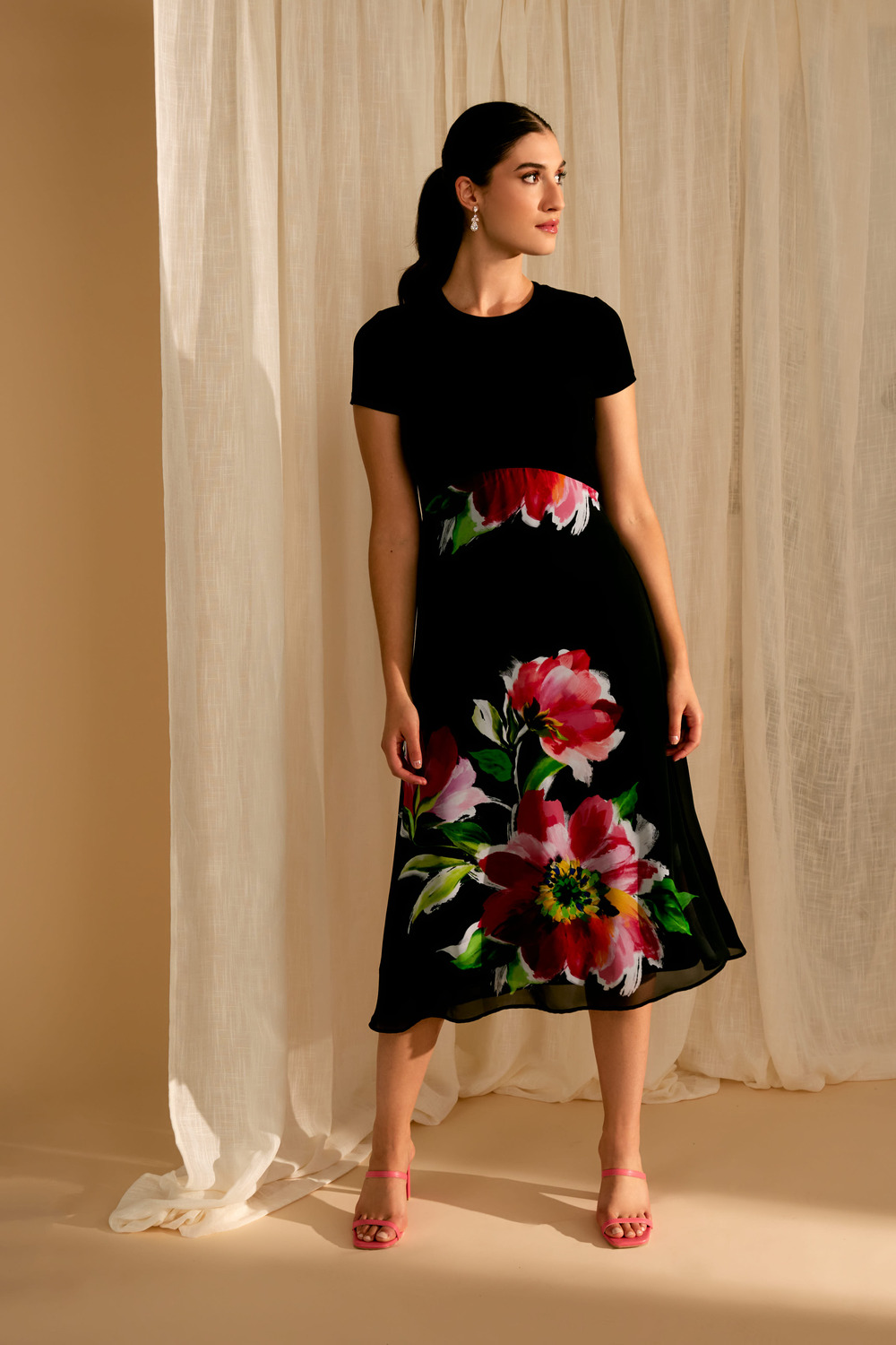 Floral Chiffon Dress Style 246188. Black/fuchsia
