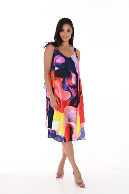 Cape Shoulder Abstract Print Dress Style 246231U. Red/multi