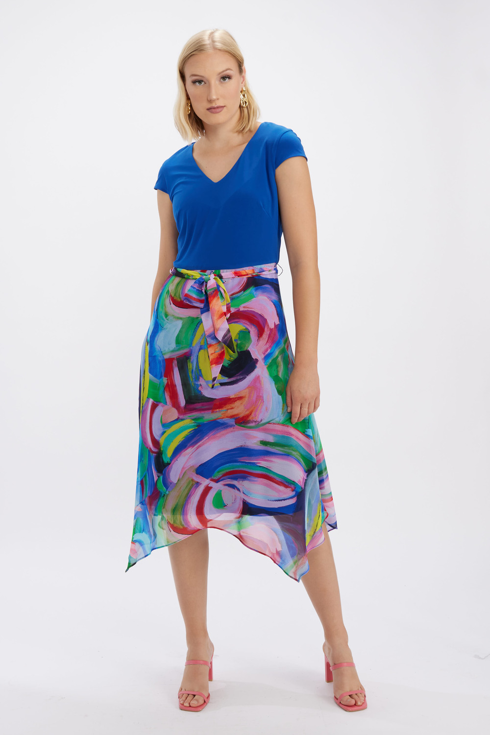 Dual-Fabric Multi-Coloured Dress Style 246376. Royal/multi