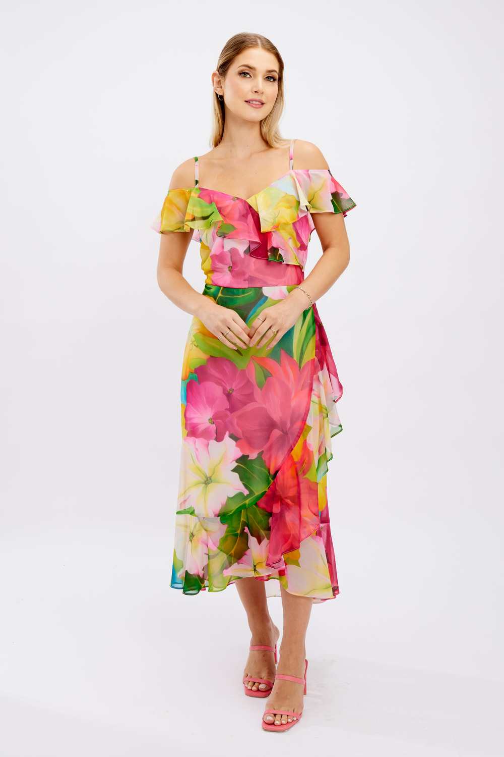 Hibiscus Print Ruffle Dress Style 246484. Fuchsia/green