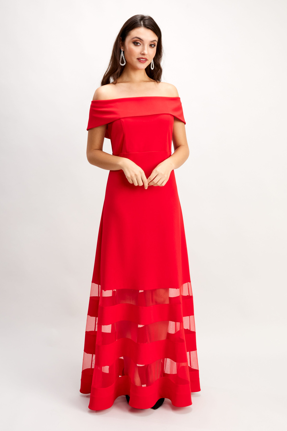 Mesh Panel Off-Shoulder Gown Style 248126. Valentine Red