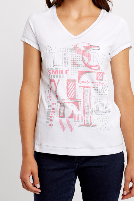 t-shirt col en V imprim&eacute; d&eacute;contract&eacute; mod&egrave;le 24160. White/coral. 3