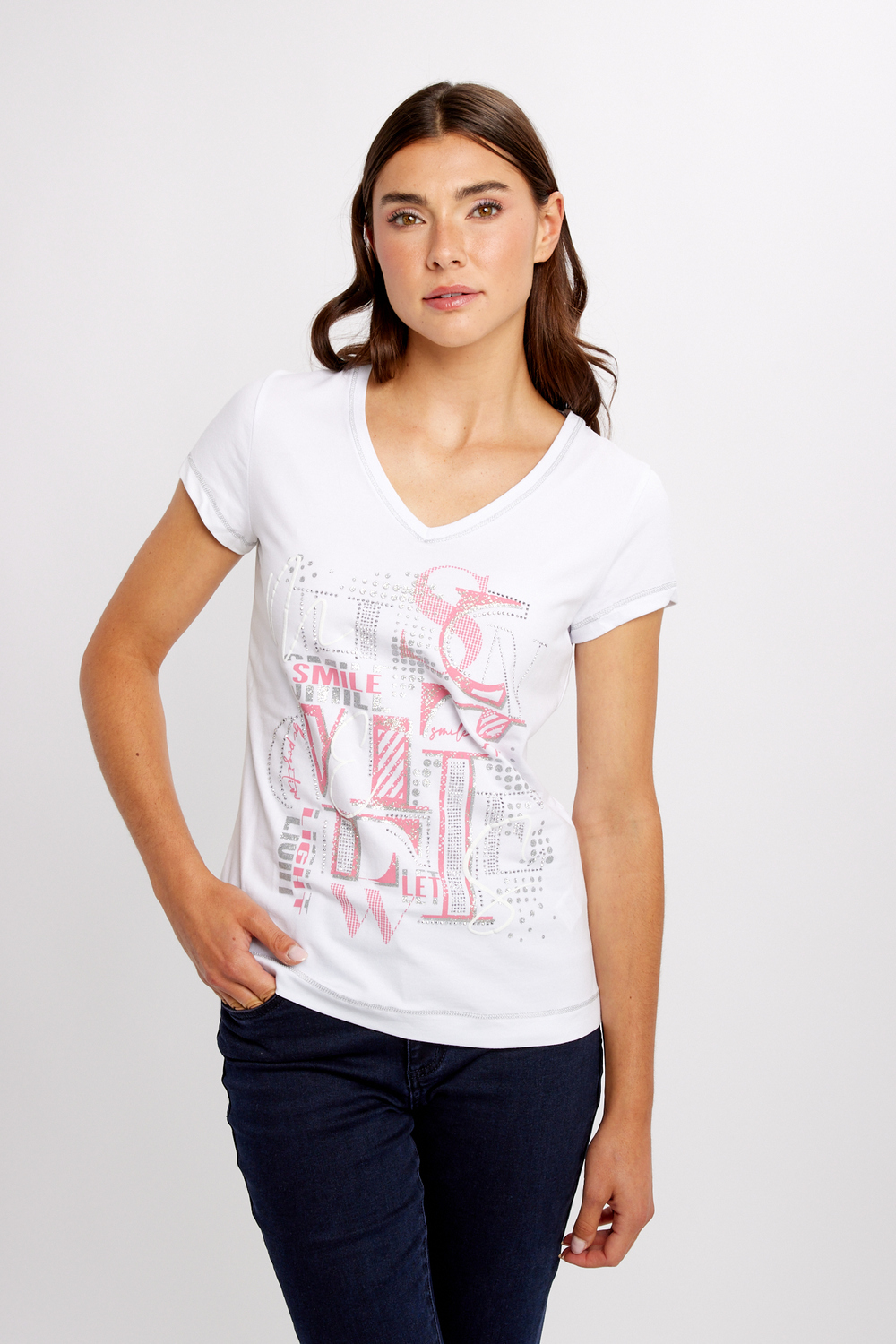 Text-Print T-Shirt Style 24160. White/coral