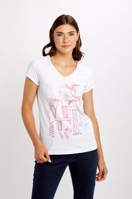 t-shirt col en V imprim&eacute; d&eacute;contract&eacute; mod&egrave;le 24160. White/coral. 5
