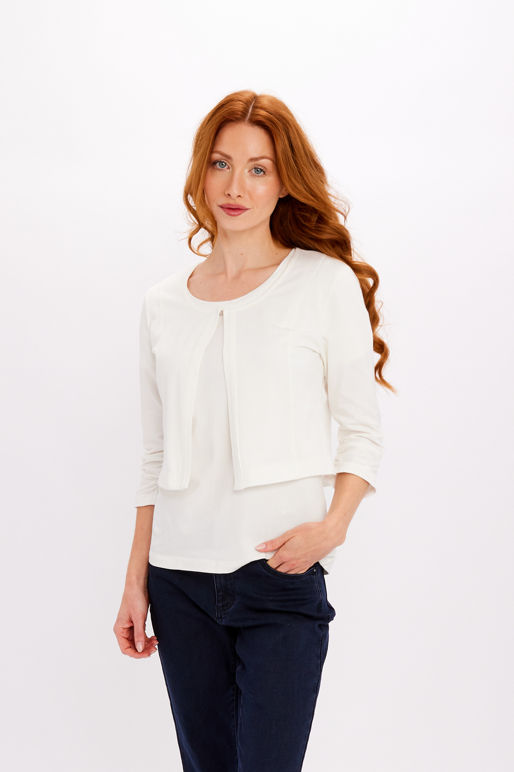 Minimalist Ruched Short Cardigan Style 24503. Off-white