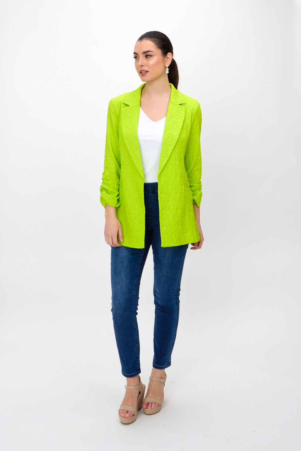 Textured Open Front Blazer Style 242034. Key Lime