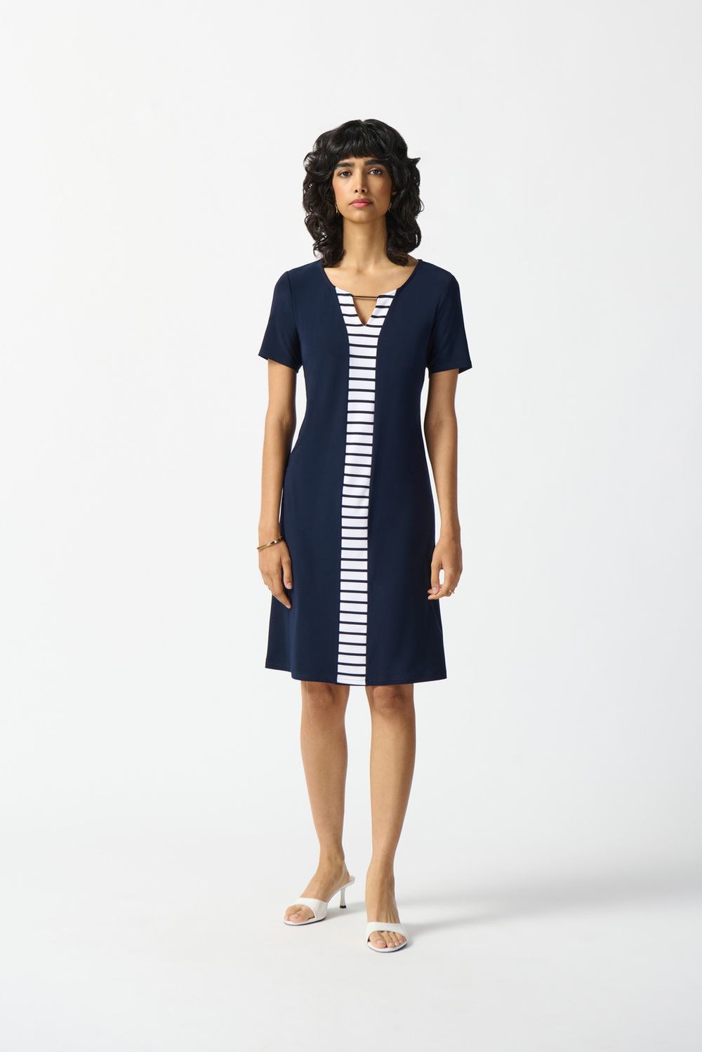 Striped Panel Dress Style 242068. Midnight Blue/vanilla