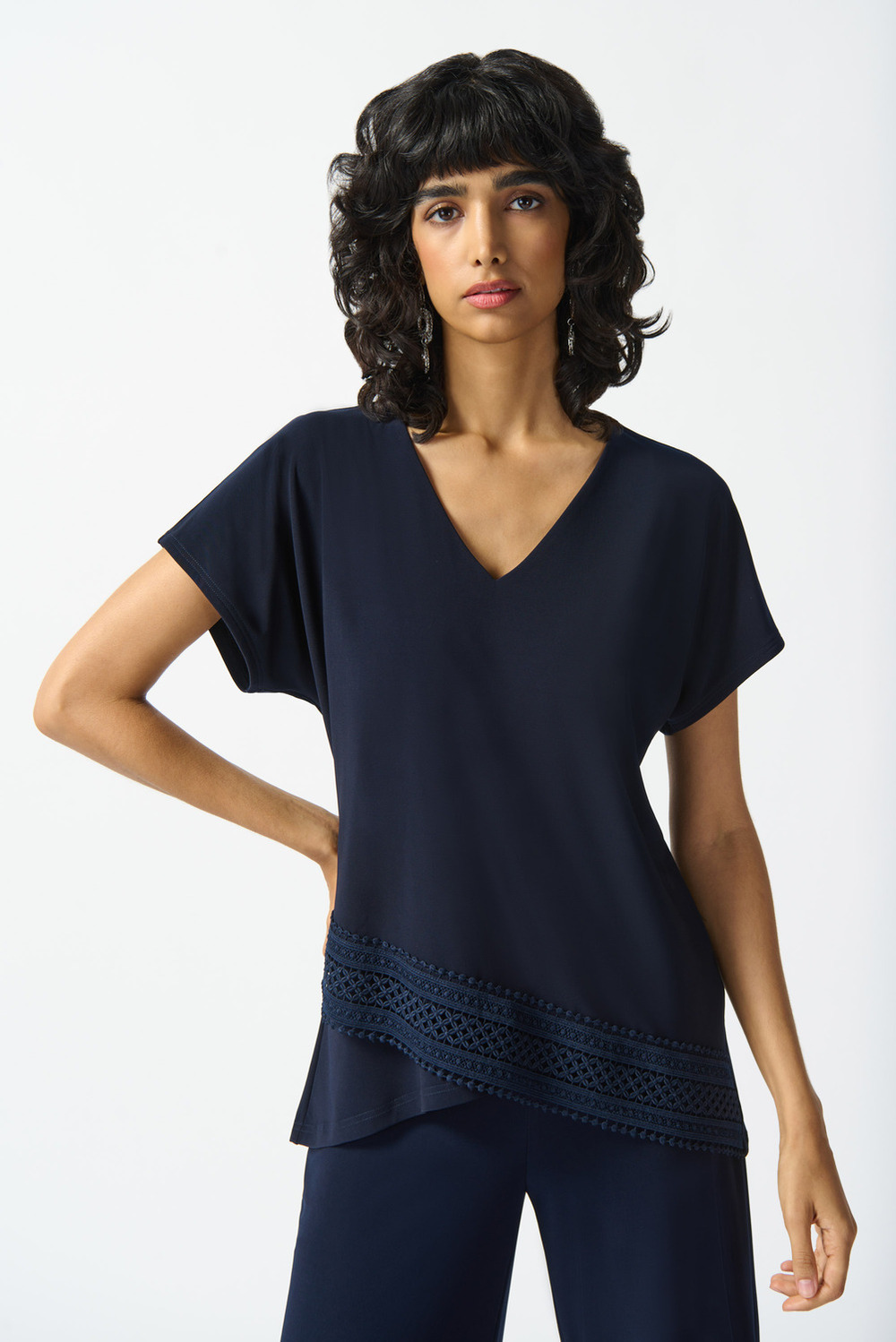 Lace Trim V-Neck Top Style 242132. Midnight Blue