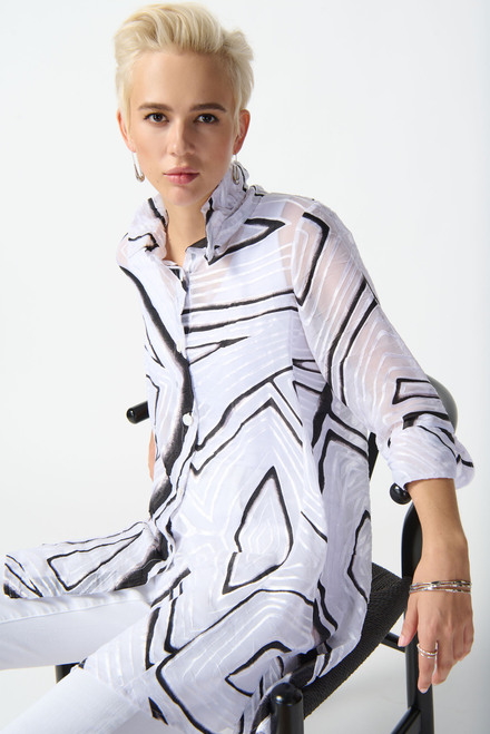 Abstract Print Long Blouse Style 242171. White/Black