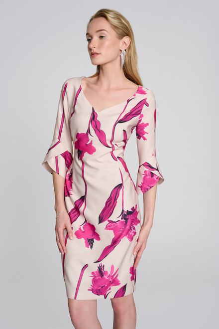 Robe fleurie, manches tulipe mod&egrave;le 242733. Light Sand/pink. 4