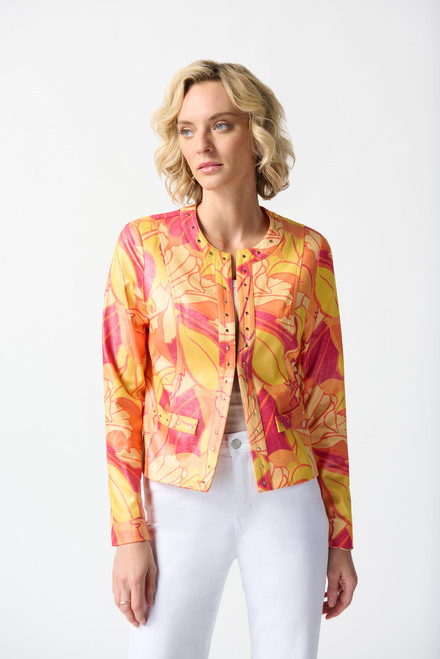 Tropical Print Faux Leather Jacket Style 242916. Pink/Multi