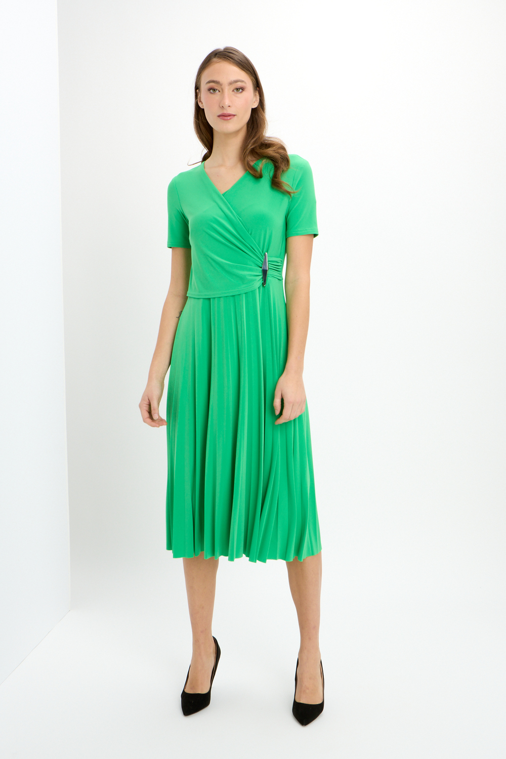 Wrap Front Pleated Dress Style 241013. Island Green