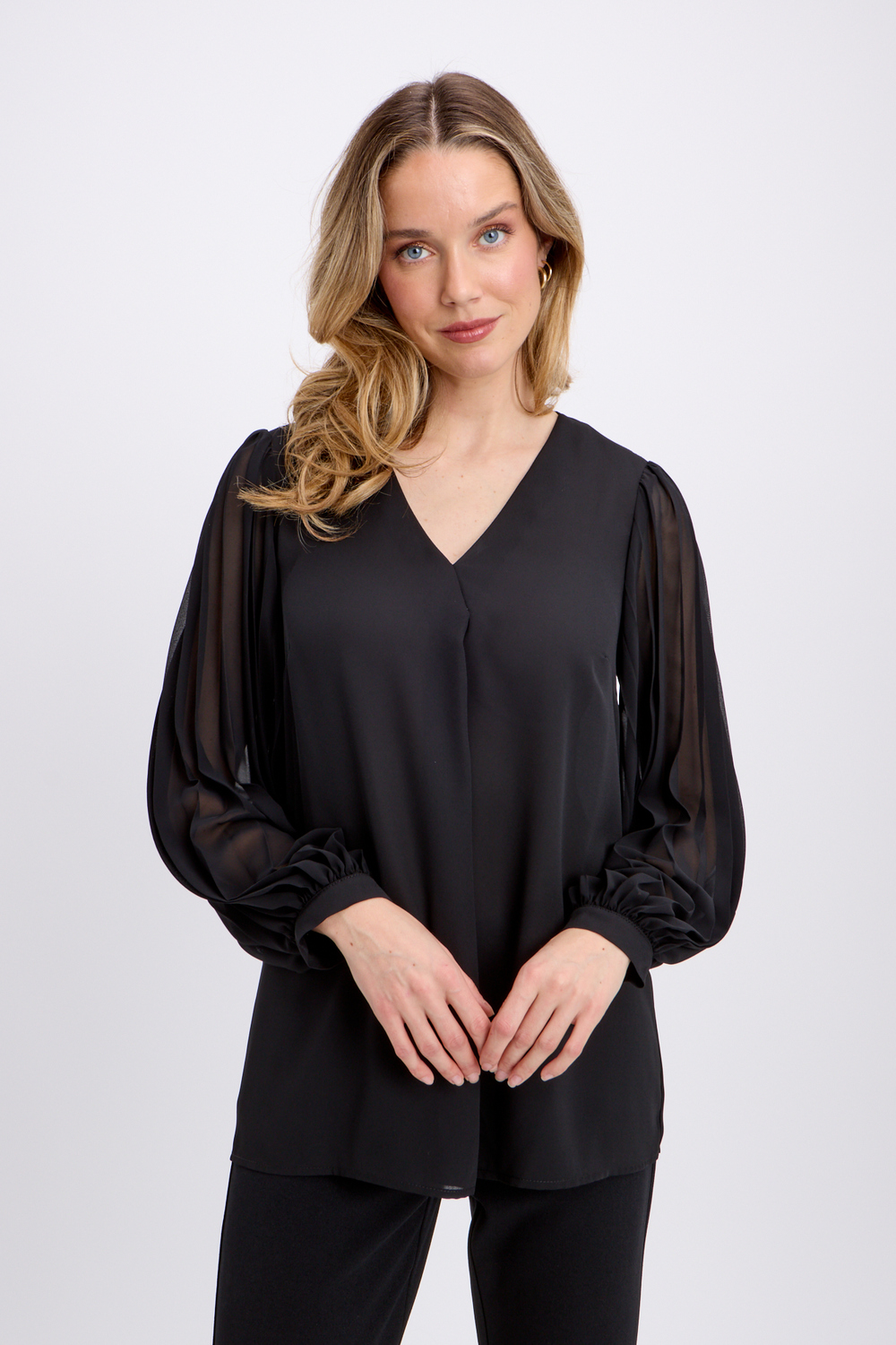 Pleated Sleeve Blouse Style 241173. Black