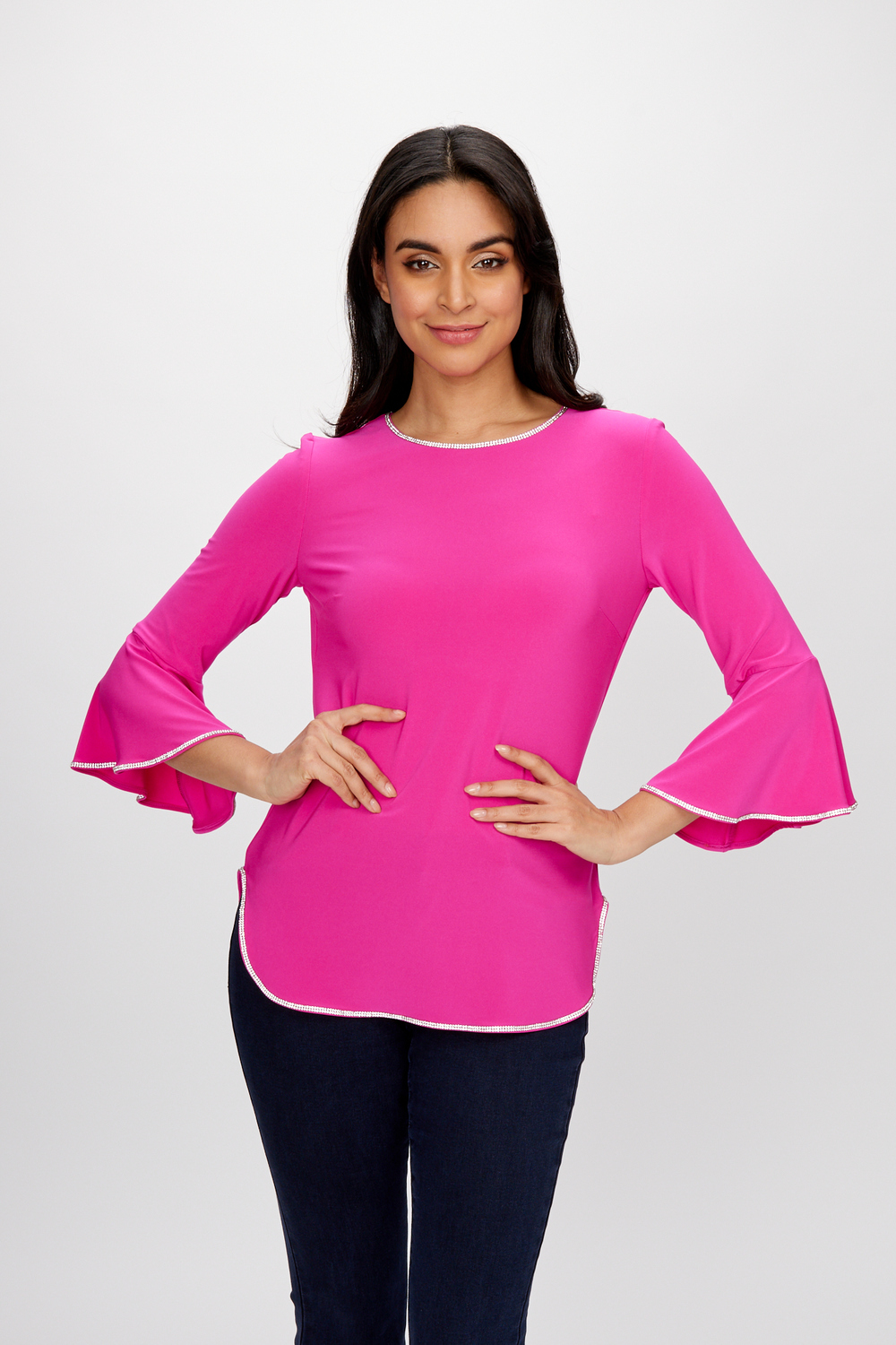  embellished  belle sleeves top style 198008. Bright Pink