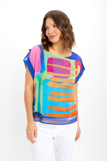 Bohemian Abstract Round-Neck Top Style 241124. Electric blue/Multi