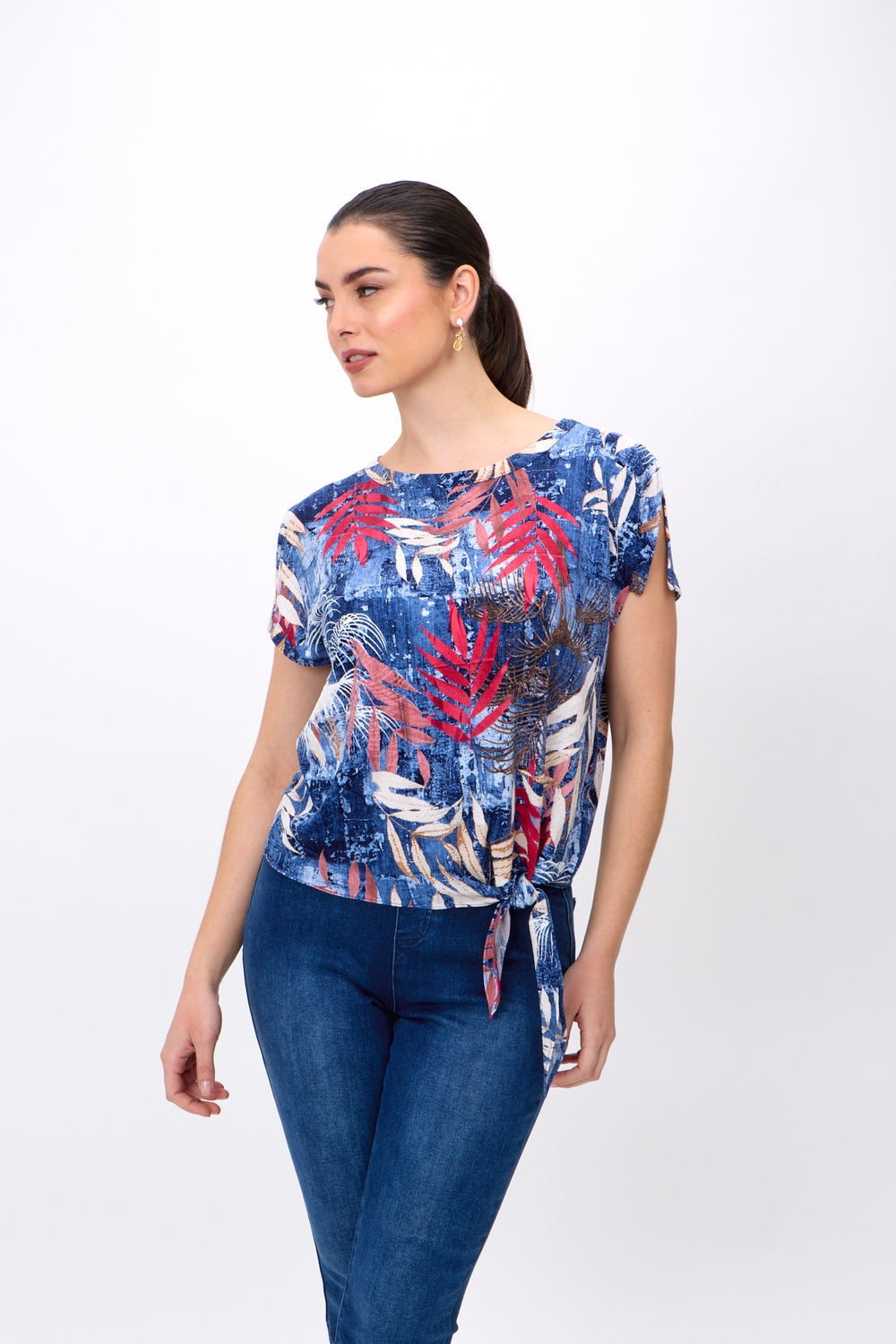 Tropical Pattern Tie Knot Top Style 6281241239. Blue/pink