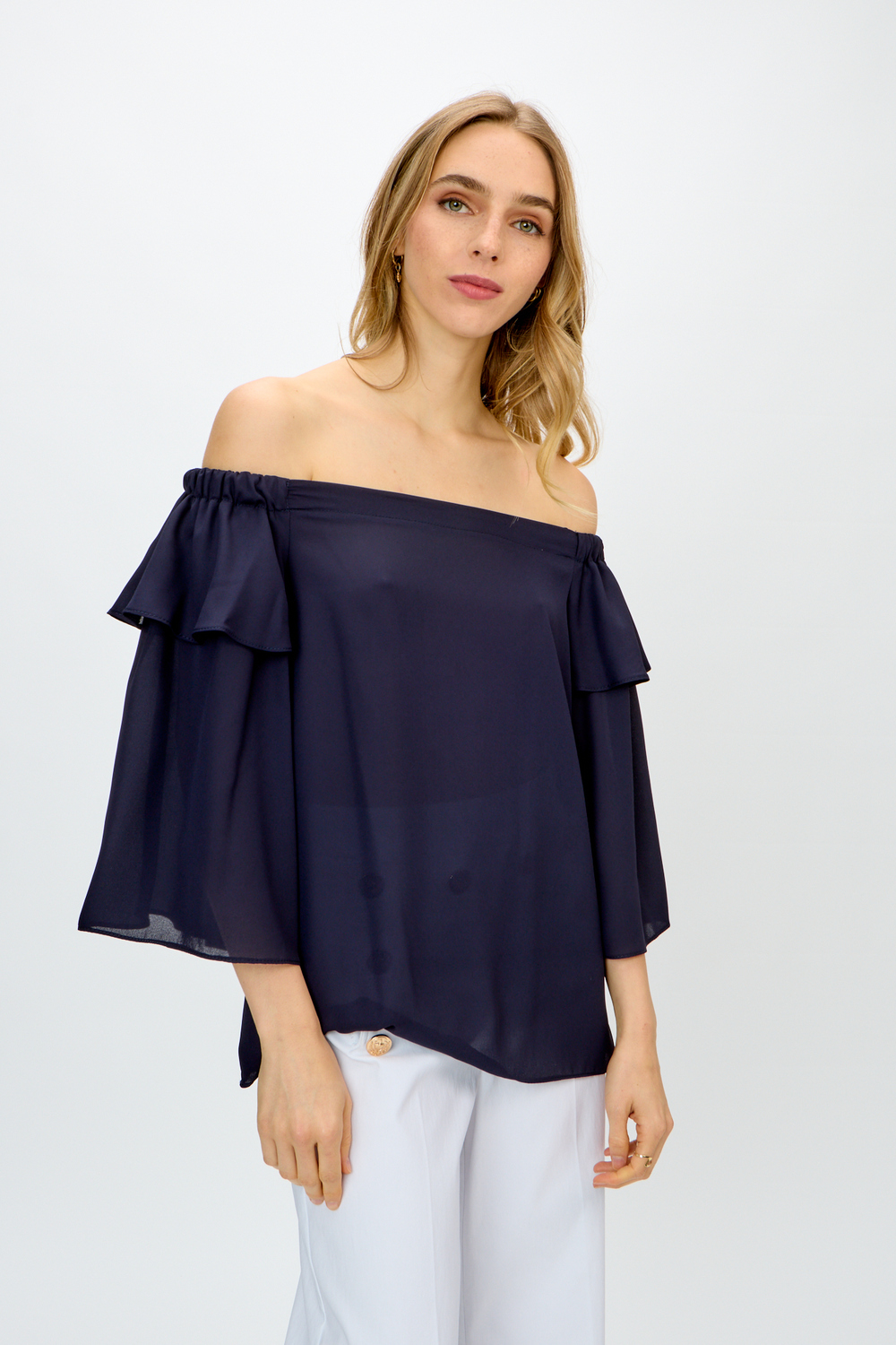 Flounce Sleeve Off-Shoulder Top Style 241305. Midnight Blue