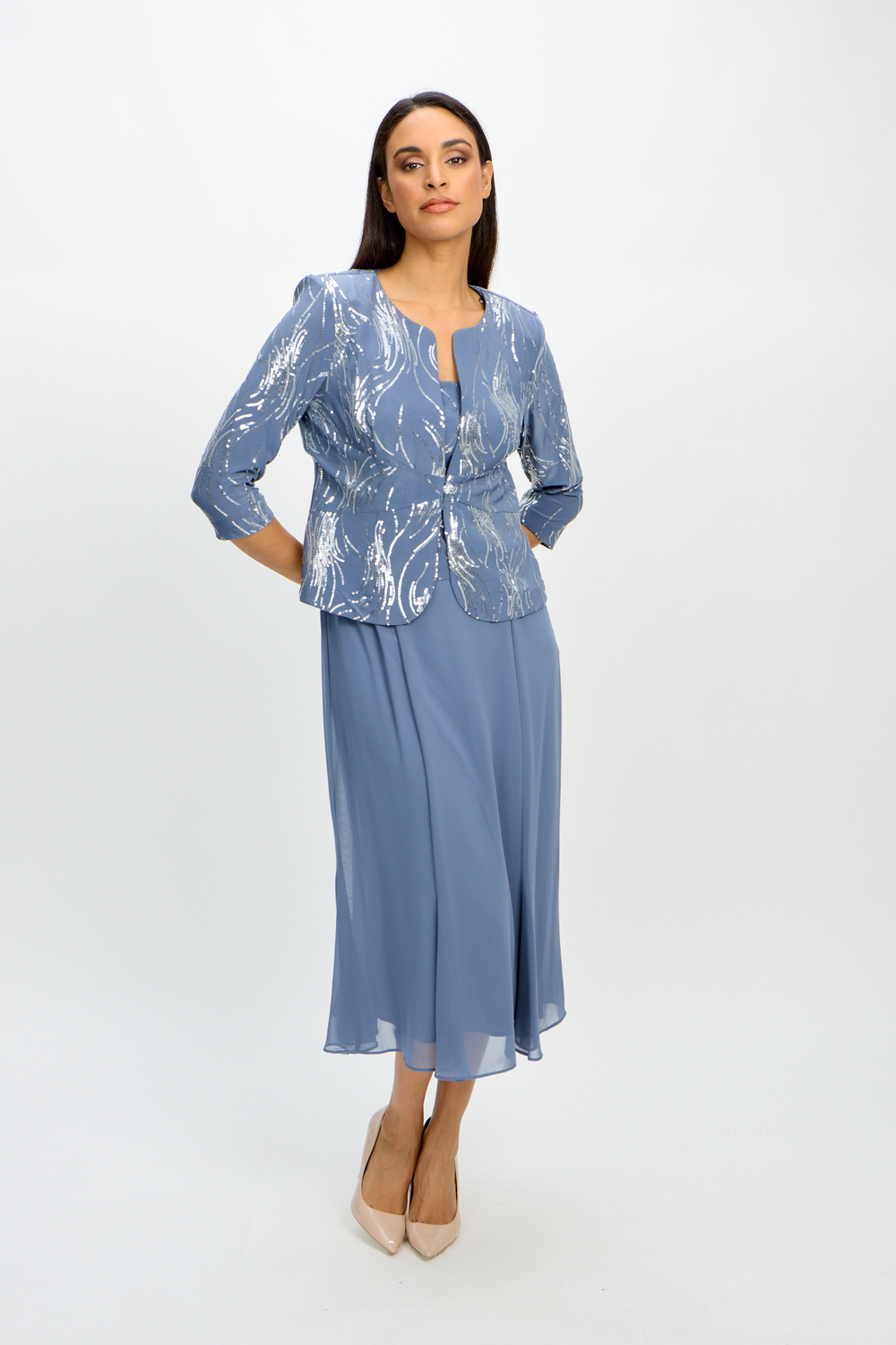 Tea Length Jacket Dress Style 1962675. Steel Blue