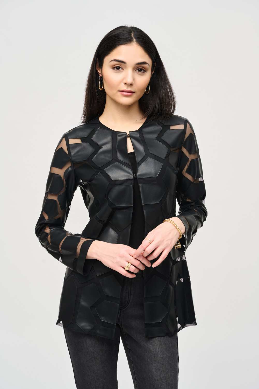 Geometric Pattern Dual Fabric Jacket Style 241905. Black/black