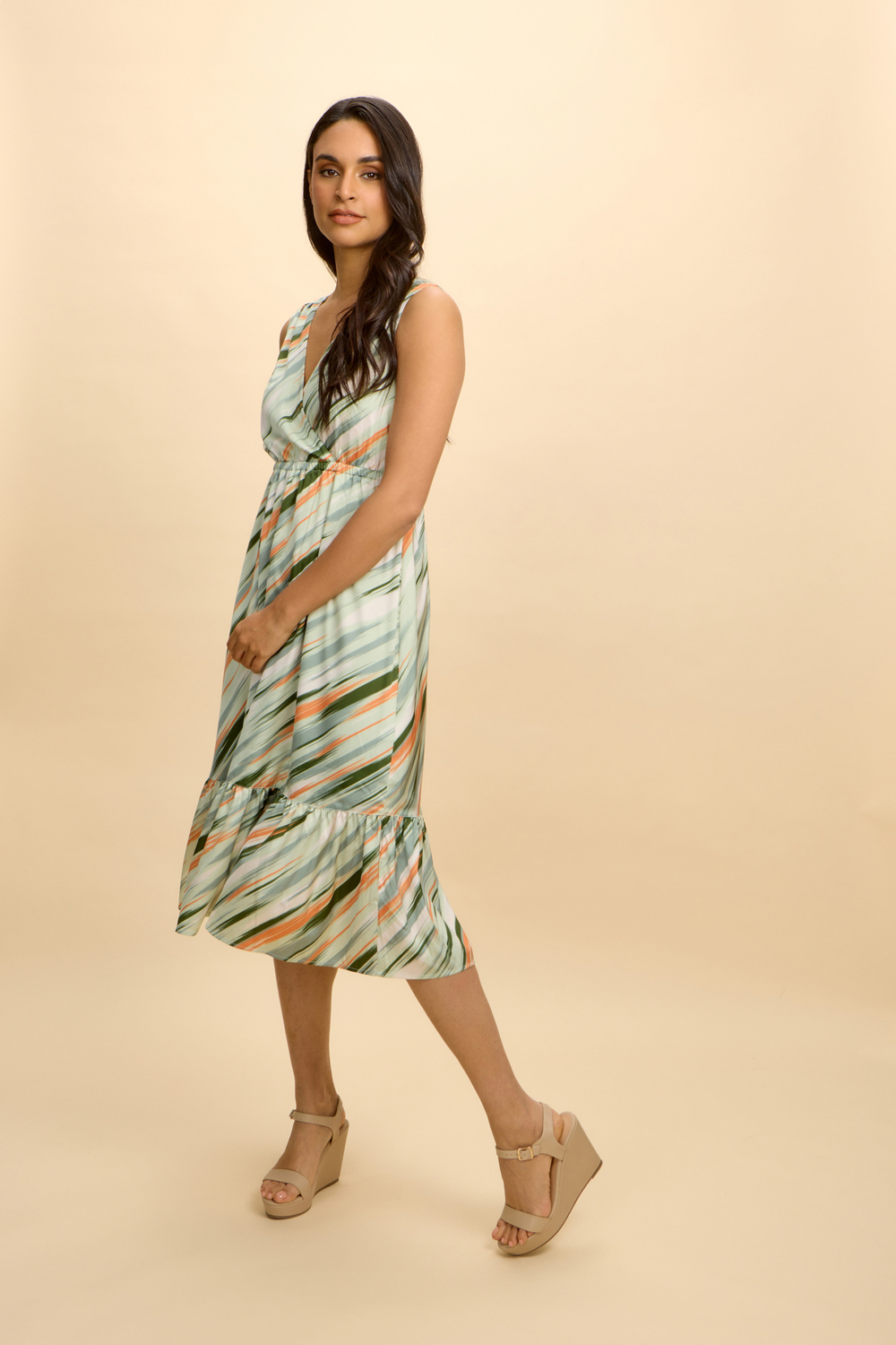 lively print Dress style SP2430. Sage Green Ikat