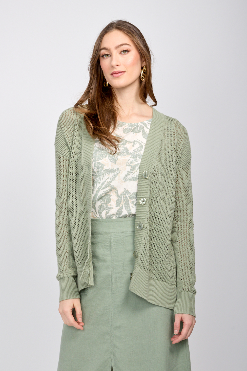 front-button closure cardigan style SP2453. Sage