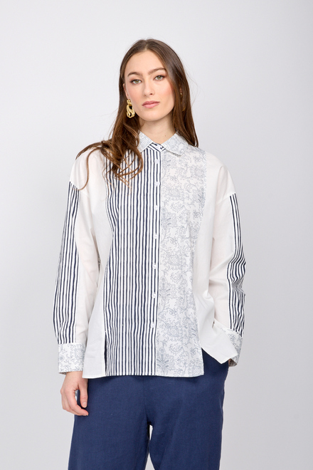 Mixed Media blouse style SP24103. White/navy. 2