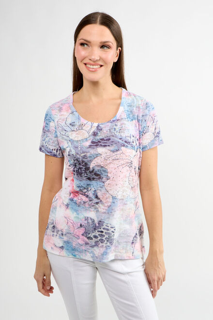 Floral Jewel-Embellished T-Shirt Style 80102-6100. Blue/pink