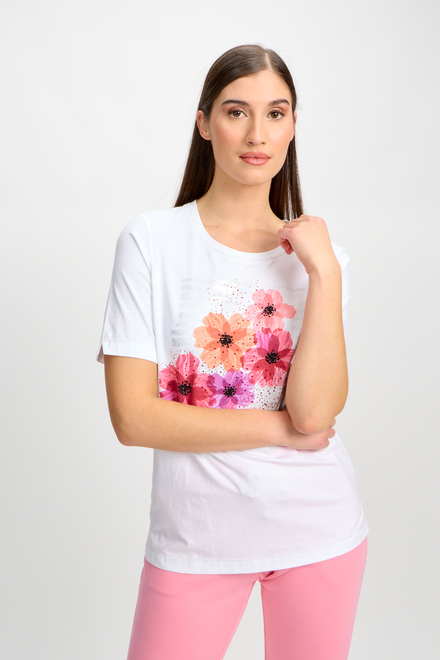 T-shirt &agrave; fleurs avec embellissement mod&egrave;le 80204-6100. Blanc