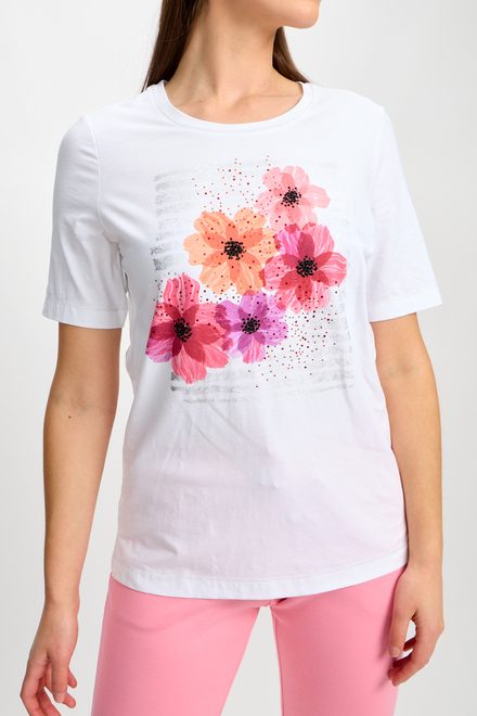T-shirt &agrave; fleurs avec embellissement mod&egrave;le 80204-6100. Blanc. 3