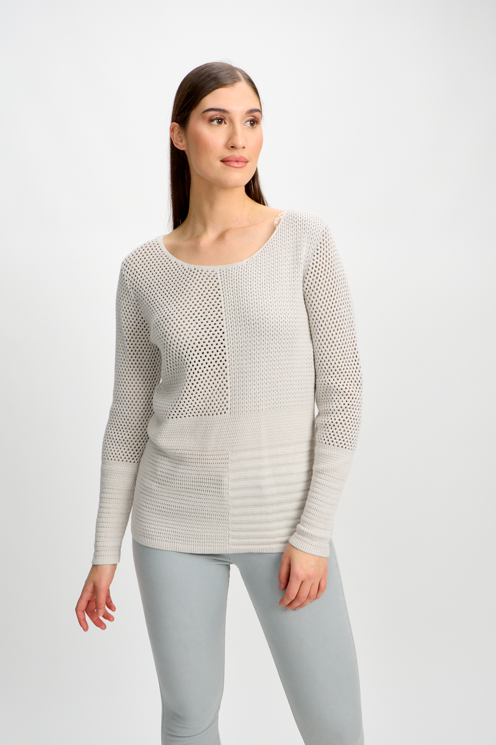 Round Neck Fitted Sweater Style 80305-6100. Linen