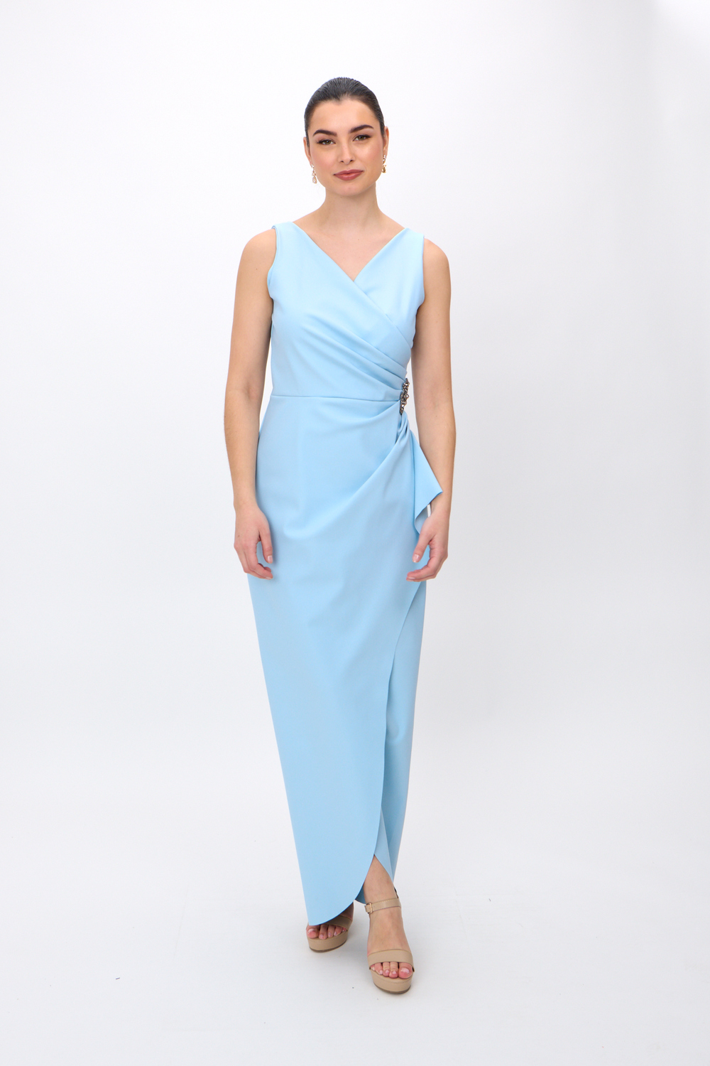 Wrap Front Beaded Gown Style 134200. Light Blue