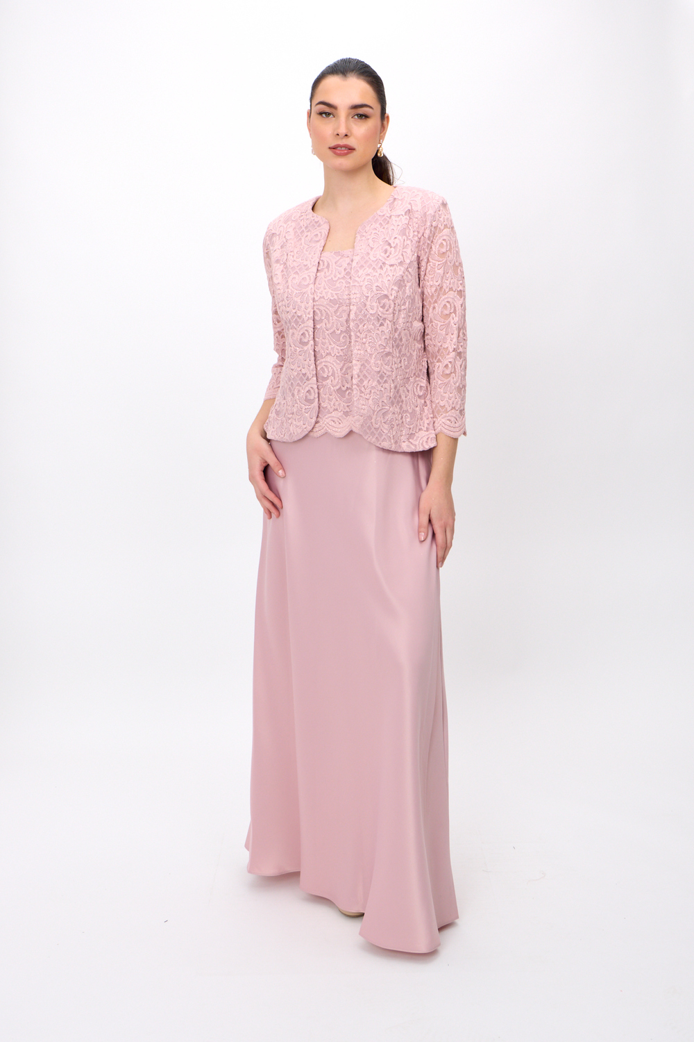 Long Lace & Satin Jacket Dress Style 81122326. Blush