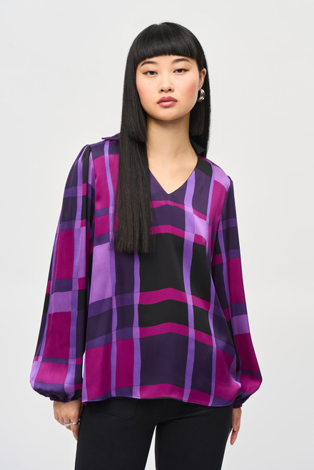 Satin Abstract Plaid Print Top Style 243058