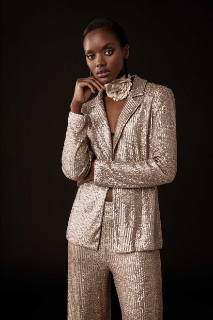 Sequined Notched-Collar Blazer Style 243772. Matte gold