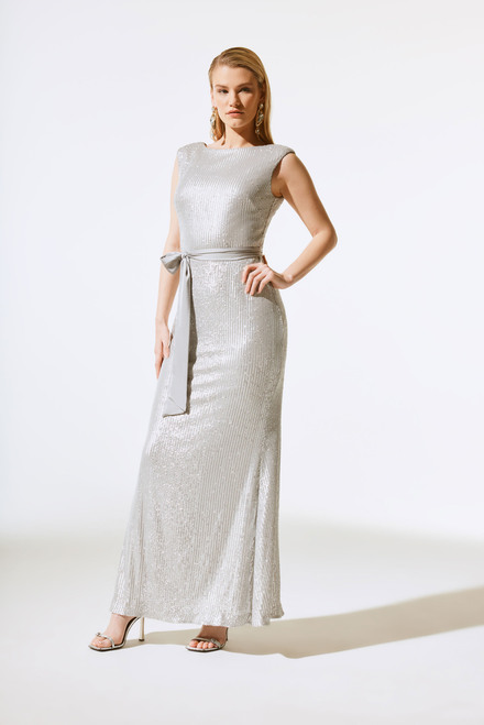 Sequined Gown With Satin Sash Style 243775. Matte Silver. 2