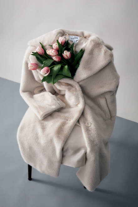 Faux Fur Straight Coat Style 243902. Cream