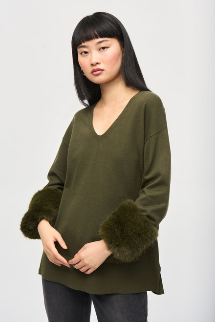 Sweater Knit Tunic With Faux Fur Cuffs Style 243955. Iguana